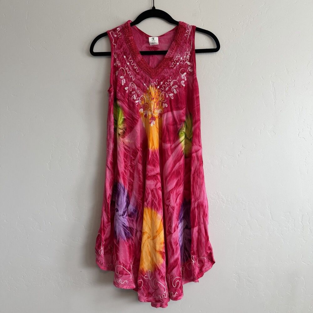 Embroidered Fairy Tie Dye Pink Sundress Summer Beach Fuchsia Orange One Size